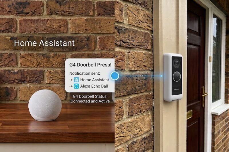 A split-screen illustration demonstrating a Unifi G4 Doorbell integrated with Home Assistant and an Alexa Echo Ball. On the right, the G4 doorbell is mounted on a front door frame. On the left, a spherical Alexa speaker rests on a wooden counter under a Home Assistant label. A central notification overlay UI confirms a "G4 Doorbell Press!" and shows that notifications are successfully sent to both Home Assistant and Alexa. G4 Doorbell status is shown as 'Connected and Active'. Ideal for a tutorial guide.