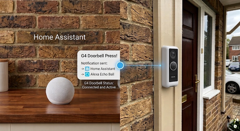 A split-screen illustration demonstrating a Unifi G4 Doorbell integrated with Home Assistant and an Alexa Echo Ball. On the right, the G4 doorbell is mounted on a front door frame. On the left, a spherical Alexa speaker rests on a wooden counter under a Home Assistant label. A central notification overlay UI confirms a "G4 Doorbell Press!" and shows that notifications are successfully sent to both Home Assistant and Alexa. G4 Doorbell status is shown as 'Connected and Active'. Ideal for a tutorial guide.
