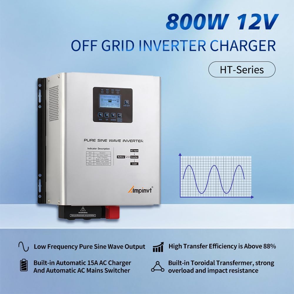 Ampinvt 800W Pure Sine Wave Inverter with AC Charger, DC 12V to AC 120V Output,UPS Backup Power Low Frequency Inverter